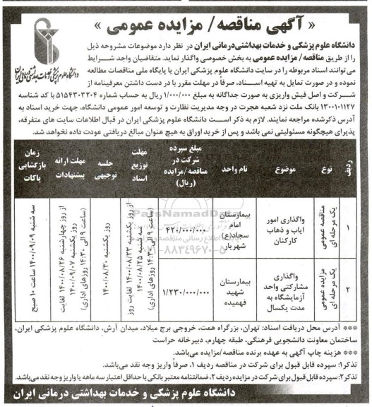 مزایده واگذاری مشارکتی واحد آزمایشگاه و ...