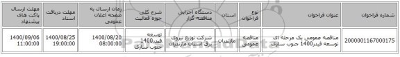 مناقصه عمومی یک مرحله ای توسعه فیدر1400	جنوب ساری