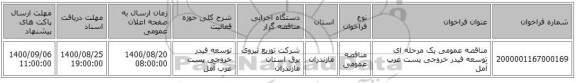 مناقصه عمومی یک مرحله ای توسعه فیدر خروجی پست	غرب آمل