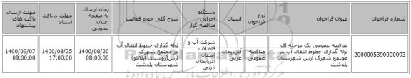 مناقصه عمومی یک مرحله ای لوله گذاری خطوط انتقال آب در مجتمع شهرک ارس شهرستان پلدشت