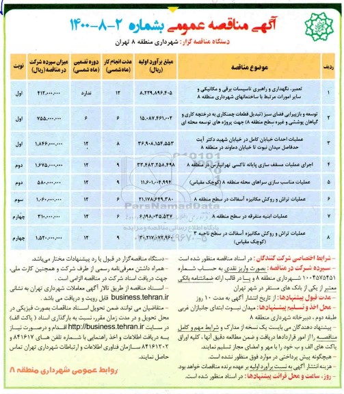 منقاصه،مناقصه تعمیر،نگهداری و راهبری تاسیسات برقی و ومکانیکی......