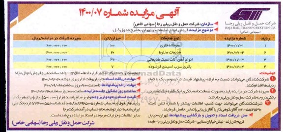 مزایده، مزایده فروش انواع ضایعات