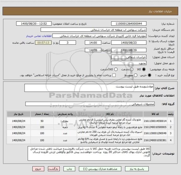 استعلام موادشوینده طبق لیست پیوست 