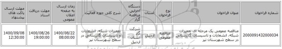 مناقصه عمومی یک مرحله ای تعمیرات شبکه، انشعابات و تاسیسات گازرسانی در سطح شهرستان نیر 