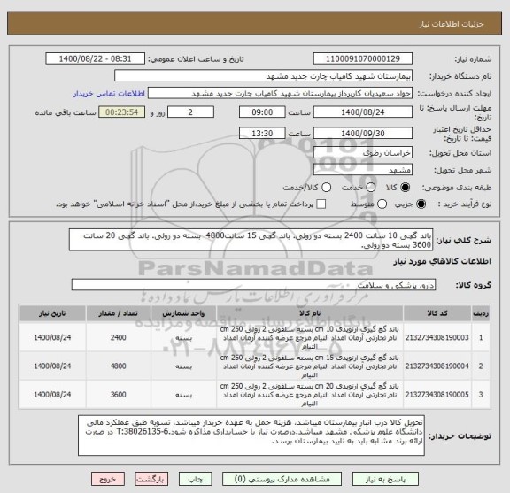 استعلام باند گچی 10 سانت 2400 بسته دو رولی. باند گچی 15 سانت4800  بسته دو رولی. باند گچی 20 سانت 3600 بسته دو رولی.