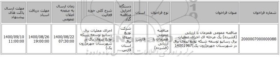 مناقصه عمومی همزمان با ارزیابی (فشرده) یک مرحله ای اجرای عملیات برق رسانیو توسعه شبکه توزیع نیروی برق در شهرستان جهرم(زون یک)14001967