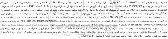 آگهی مزایده یک دستگاه اتومبیل سواری پراید هاچ بک 111