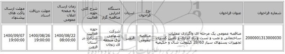مناقصه عمومی یک مرحله ای واگذاری عملیات ساختمانی و نصب و تست و راه اندازی و تامین کسری تجهیزات پستهای سیار  20/63 کیلوولت شال و حکیمیه 
