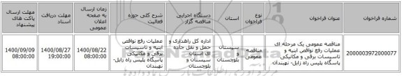 مناقصه عمومی یک مرحله ای عملیات رفع نواقص ابنیه و تاسیسات برقی و مکانیکی پاسگاه پلیس راه زابل- نهبندان 