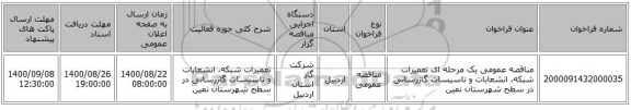 مناقصه عمومی یک مرحله ای تعمیرات شبکه، انشعابات و تاسیسات گازرسانی در سطح شهرستان نمین 