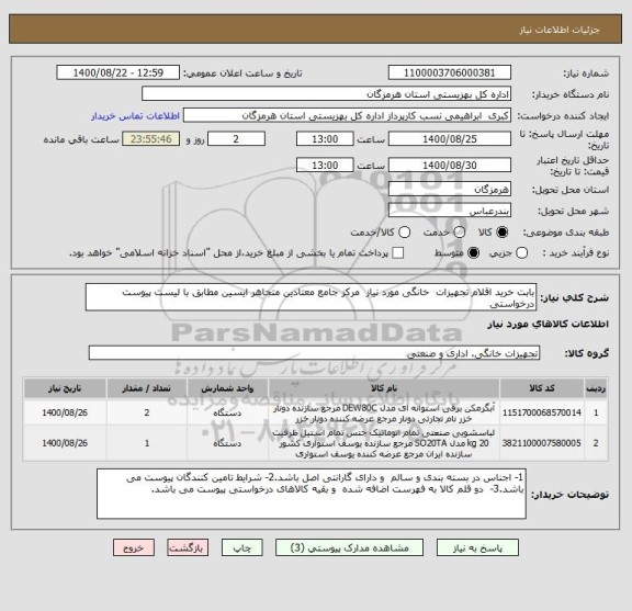 استعلام بابت خرید اقلام تجهیزات  خانگی مورد نیاز  مرکز جامع معتادین متجاهر ایسین مطابق با لیست پیوست درخواستی
