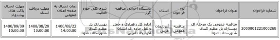 مناقصه عمومی یک مرحله ای بهسازی پل عظیم کندی شهرستان شوط   