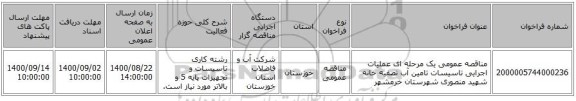 مناقصه عمومی یک مرحله ای عملیات اجرایی تاسیسات تامین آب تصفیه خانه شهید منصوری شهرستان خرمشهر
