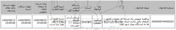 مناقصه عمومی یک مرحله ای عملیات تکمیل کارهای باقی مانده اجرای خط انتقال آب از چاه ها به ایستگاه پمپاژ شهر الوان