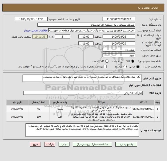 استعلام رنگ زینکا،حلال رنگ زینکا/ایران کد مشابه است/ خرید طبق شرح کلی نیاز و مدارک پیوستی 
