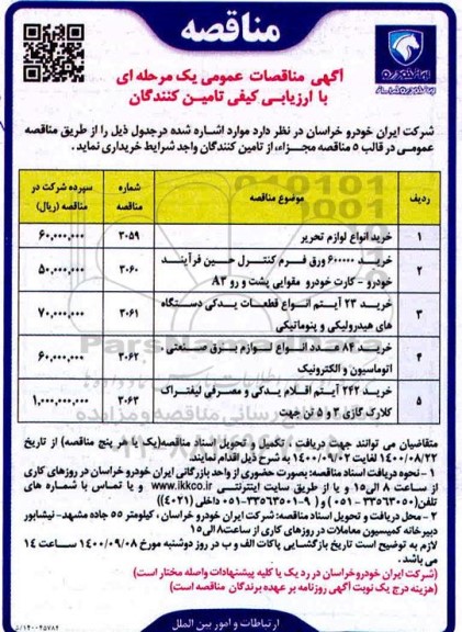 مناقصه خرید انواع لوازم تحریر ...