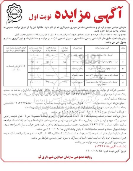 مزایده اجاره موقت عرصه و اعیان تعدادی کیوسک 