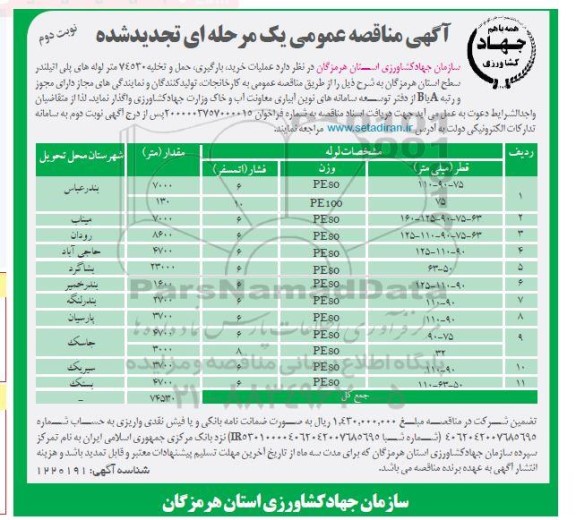 تجدید مناقصه، تجدید مناقصه عملیات خرید، بارگیری، حمل و تخلیه 74530 متر لوله های پلی اتیلن- نوبت دوم 