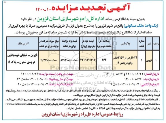 مزایده مزایده فروش یک واحد ملک مسکونی