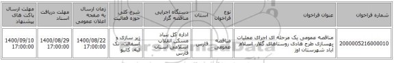 مناقصه عمومی یک مرحله ای اجرای عملیات بهسازی طرح هادی روستاهای گلار، اسلام آباد شهرستان اوز