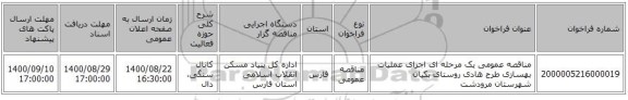 مناقصه عمومی یک مرحله ای اجرای عملیات بهسازی طرح هادی روستای بکیان شهرستان مرودشت