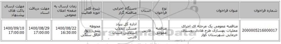 مناقصه عمومی یک مرحله ای اجرای عملیات بهسازی طرح هادی روستای خرمایی شهرستان کوار