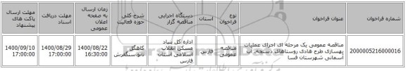 مناقصه عمومی یک مرحله ای اجرای عملیات بهسازی طرح هادی روستاهای دستجه، آب آسمانی شهرستان فسا