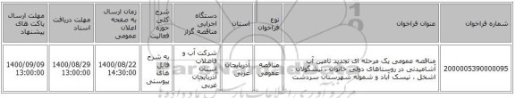 مناقصه عمومی یک مرحله ای تجدید تامین آب آشامیدنی در روستاهای دولی خانوان ، نیشگولان ، اشخل ، نیسک آباد و شموله شهرستان سردشت
