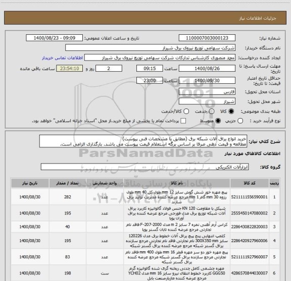 استعلام خرید انواع یراق آلات شبکه برق (مطابق با مشخصات فنی پیوست)
مطالعه و قیمت دهی صرفا بر اساس برگه استعلام قیمت پیوست می باشد. بارگذاری الزامی است.