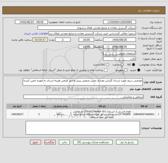 استعلام مودمبی سیم جهت ارسال گزارش مصارف بخش صنعتی پیش فاکتور الزامی هزینه ارسال به عهده تامین کننده