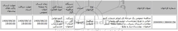مناقصه عمومی یک مرحله ای انجام خدمات کنتور خوانی و توزیع صورتحساب مشترکین،وصول مطالبات،اشتراک پذیری...در سطح منطقه شش اصفهان ،بهارستان،زیار و توابع