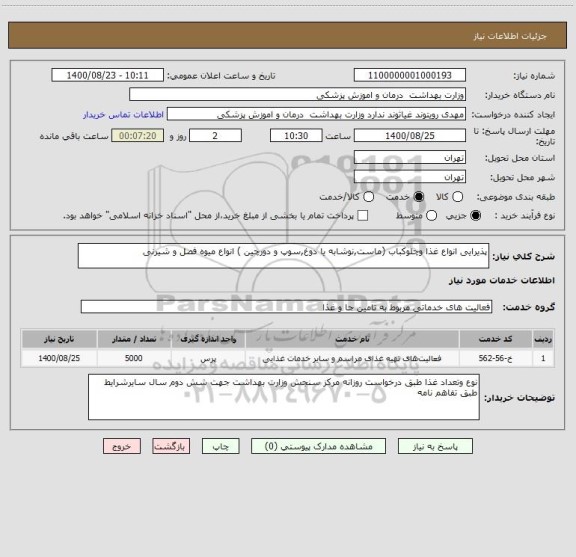 استعلام پذیرایی انواع غذا وچلوکباب (ماست,نوشابه یا دوغ,سوپ و دورچین ) انواع میوه فصل و شیرنی