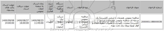مناقصه عمومی همزمان با ارزیابی (فشرده) یک مرحله ای مناقصه عمومی همزمان با ارزیابی (فشرده) عملیات نگهداری و تعمیرات خطوط انتقال و فوق توزیع نیروی برق تحت بهره 