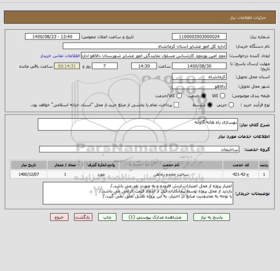 استعلام بهسازی راه هانه گاوانه