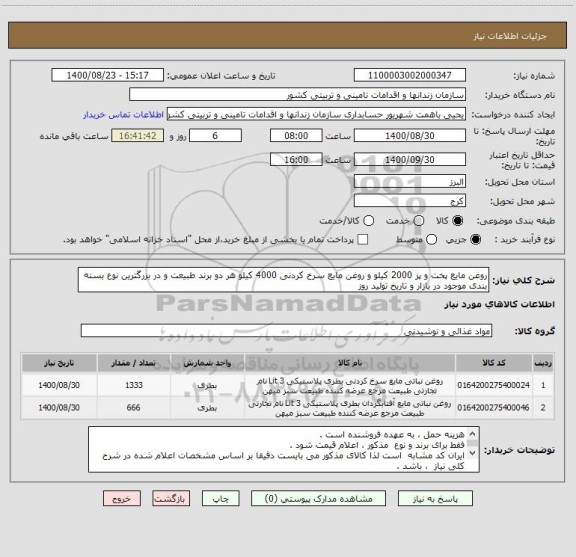 استعلام روغن مایع پخت و پز 2000 کیلو و روغن مایع سرخ کردنی 4000 کیلو هر دو برند طبیعت و در بزرگترین نوع بسته بندی موجود در بازار و تاریخ تولید روز 