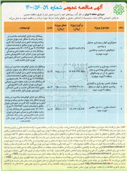مناقصه جمع آوری انهار و بهسازی جداول و پیاده رو 