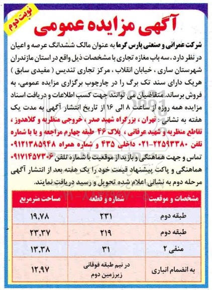 مزایده  مزایده فروش ششدانگ عرصه و اعیان مغازه تجاری نوبت دوم 