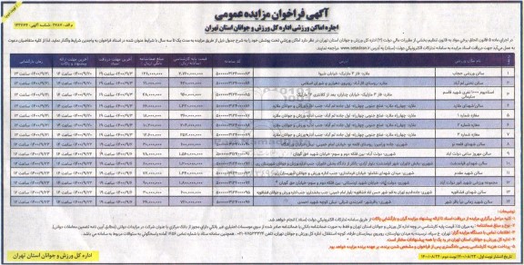 فراخوان مزایده، فراخوان مزایده اجاره اماکن ورزشی- نوبت دوم