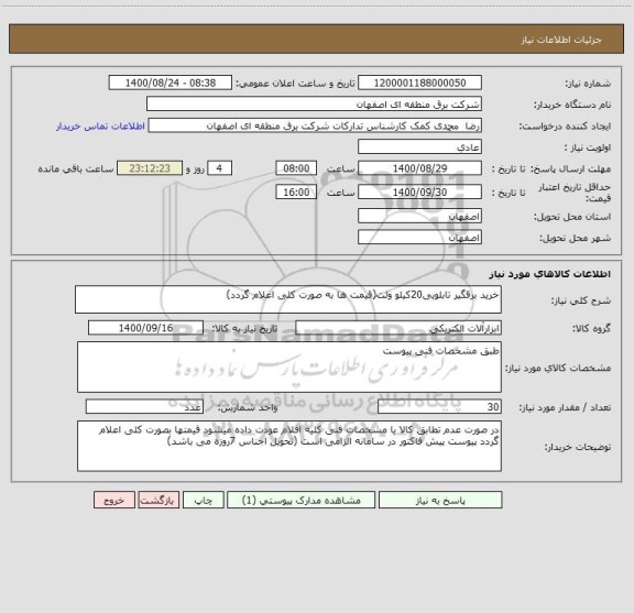 استعلام خرید برقگیر تابلویی20کیلو ولت(قیمت ها به صورت کلی اعلام گردد)