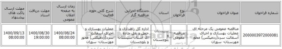 مناقصه عمومی یک مرحله ای عملیات بهسازی و اجرای آسفالت سرد(ردمیکس) محور مهرستان- سوران
