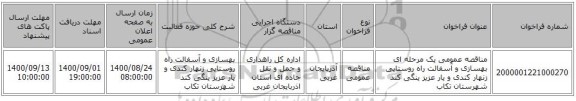مناقصه عمومی یک مرحله ای بهسازی و آسفالت راه روستایی زنهار کندی  و یار عزیز ینگی کند شهرستان تکاب
