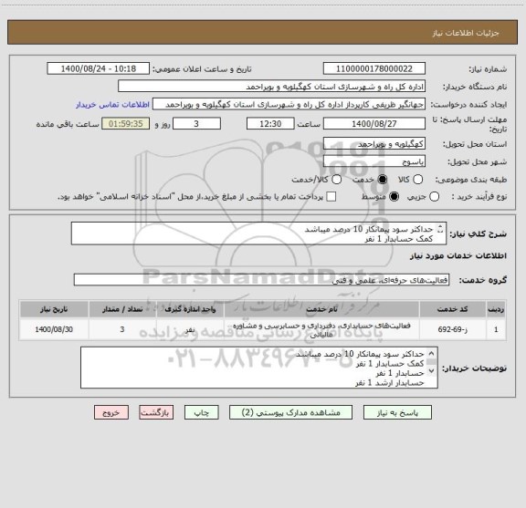 استعلام حداکثر سود پیمانکار 10 درصد میباشد
کمک حسابدار 1 نفر
حسابدار 1 نفر
حسابدار ارشد 1 نفر

