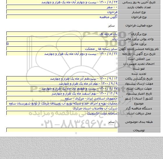 عملیات تهیه و اجرای خط و شبکه توزیع آب روستای چرمک از توابع شهرستان ساوه