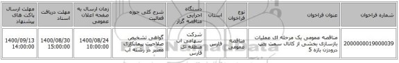 مناقصه عمومی یک مرحله ای عملیات بازسازی بخشی از کانال سمت چپ درودزن بازه 5