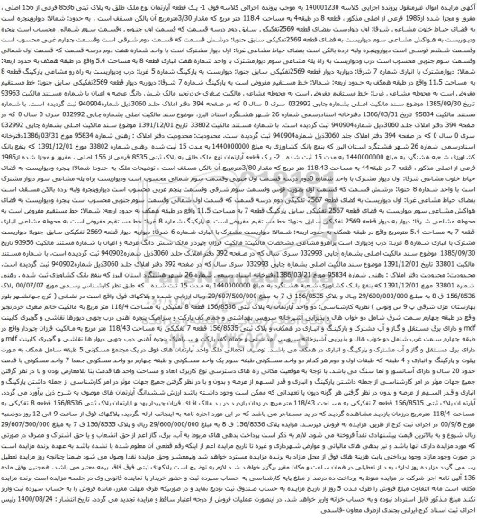 آگهی مزایده یک قطعه آپارتمان نوع ملک طلق به پلاک ثبتی 8536 فرعی از 156 اصلی