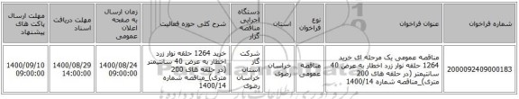 مناقصه عمومی یک مرحله ای خرید 1264 حلقه نوار زرد اخطار به عرض 40 سانتیمتر (در حلقه های 200 متری)_مناقصه شماره 1400/14