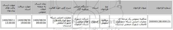مناقصه عمومی یک مرحله ای عملیات اجرایی شبکه جمع آوری فاضلاب شهرک صنعتی اردستان 