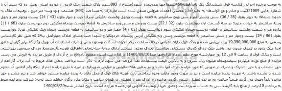 آگهی مزایده ششدانگ یک باب/قطعه450سهم(چهارصدوپنجاه سهم)مشاع از 893سهم پلاک شصت ویک فرعی از نوزده اصلی