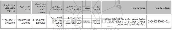 مناقصه عمومی یک مرحله ای آماده سازی، نهالکاری، مراقبت و آبیاری منطقه بیابانی مبارک آباد شهرستان دامغان