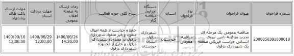 مناقصه عمومی یک مرحله ای تجدید مناقصه تامین نیروی انسانی حراست فیزیکی منطقه یک شهرداری دزفول